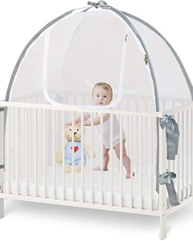 Baby Crib Tent Safety Net, Durable Strong Self-Locking Zippers, Protects from Climbing Out and, Insects, Mosquitoes, Installs with Rods (Crib 52.25" - 28.25")