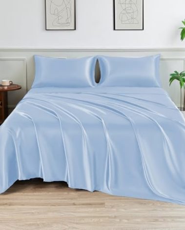 LIFCOM Satin Sheets Twin XL Size Bed Set,Similar to Silk Sheets,3Pcs Luxury Satin Sheet Set with 15 Inches Deep Pocket (Twin XL, Light Blue)