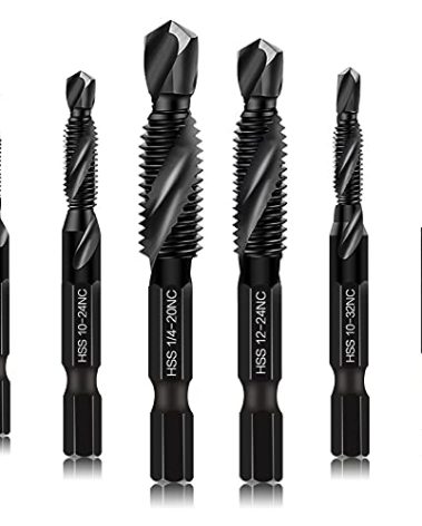 6 Packs Combination Drill & Taps Bit Set, Screw Tapping in SAE Size 6-32nc 8-32nc 10-32nc 10-24nc 12-24nc 1/4-20nc with Anti-Rust Black Coating, 1/4” Hex Shank and Storage Case