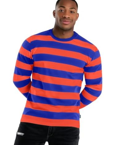 Zengjo Mens Striped Shirt Long Sleeve(Orange/Blue,XXL)