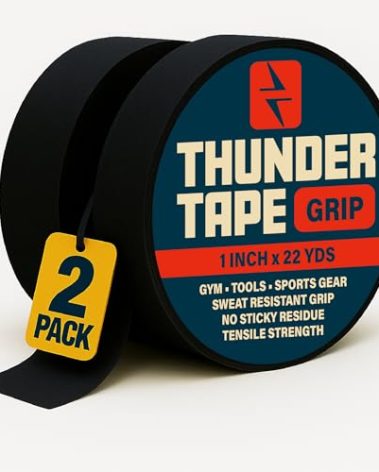 Thunder Tape 2 Pk Grip Tape - Cloth Grip Tape for Pull Up Bars, Sports, Tools, Handles, Bats, Rackets, Gym Equipment, Wire Wrap - No Residue, Sweat Resistant, 1 Inch x 66 Feet Each Roll - Black