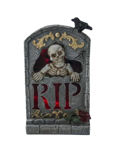 Smadeer Halloween Decoration Indoor 7.6″ Tombstone Statue with LED Lights Spooky Skull Head Gravestone Skeleton RIP Lighting Changes Halloween Village for Table Shelf Home Party Outdoor Decor Gifts