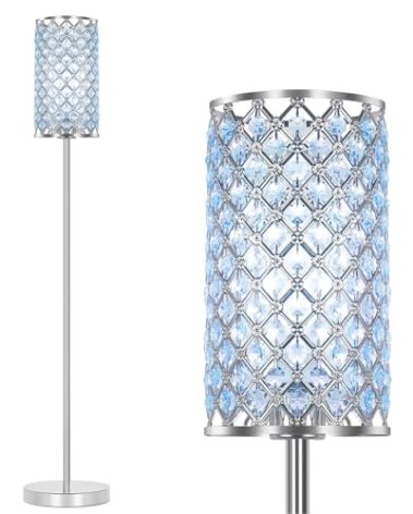 Floor Lamp for Living Room, Crystal Floor Lamp Girl Bedroom Lights, Silver Standing Lamps with Teal Shade, Elegant Standing Light Tall Pole Lamp for Bedroom, Dresser, Office (E26 Base)