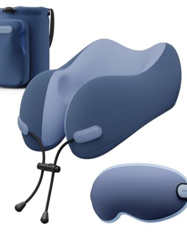 urnexttour Neck Pillow for Travel Memory Foam Design Models Pillows with Zero Eye Pressure 3D Eye Mask and Compact Bag Traveling Essentials Plane Car Flight Rest Sleeping Use Adult, Blue