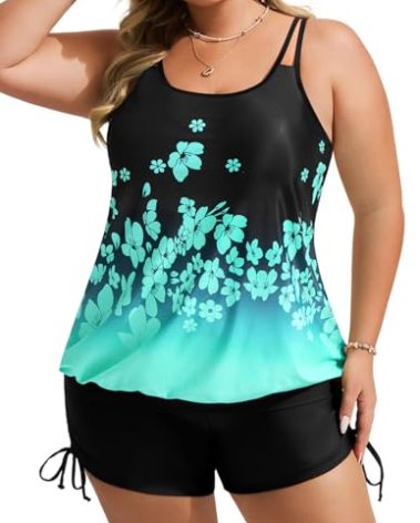 Hanna Nikole Women Plus Size Blouson Swim Tops with Drawstring Bottoms 2 Piece Tankini Swimsuits Blue Gradient Flowers 3X