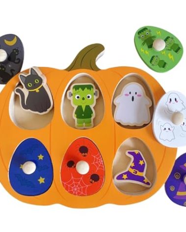 UURM Halloween Pumpkin Wooden Peg Puzzle for Toddlers, 6 Colors & Shape Matching Pieces, Montessori Educational Toy for Fine Motor Skills, Age 1-3