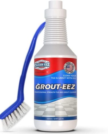 Clean-eez Grout-eez Tile Cleaner with Handheld Brush – 32 oz Heavy-Duty Stain Remover for Ceramic and Porcelain Surfaces – Safe for Colored Grout – Not for Natural Stone – Bathroom & Kitchen Use