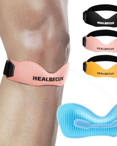 Healrecux Silicone Patellar Tendon Support Strap, Adjustable Non-Slip Patella Band Stabilizer Knee Brace for Jumpers Knee, Tendonitis, Basketball, Volleyball, Squats, Pink