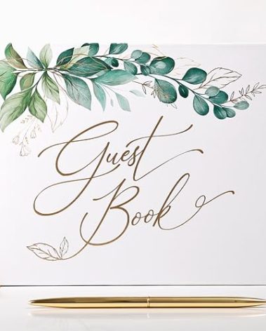 Gold Foil Greenery Wedding Guest Book 7 x 9 inches, Pen & Table Sign Included, Resgistry Sign in Book for Wedding, Bridal Shower, Baby Shower, Graduation, Birthday, Funeral, Anniversary or Reception