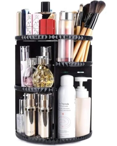 sanipoe Rotating Makeup Organizer,DIY Adjustable Spinning Holder,Foldable Cosmetic Storage Display box,Large Capacity Make up Caddy Shelf,Fits Countertop Vanity and Bathroom (Black)