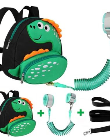 Accmor Toddler Backpack Harness with Safety Leash, Cute Dinosaur Harnesses with Kids Anti Lost Wrist Link, Mini Child Schoolbag with Wristband Tether Strap and Protection Leashes for Baby boys (Black)