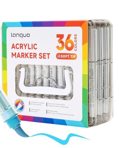 languo 36 Colors Acrylic Paint Markers Pens Set, Soft Brush Tip Markers with Fast Drying & No-Bleed Ink, Acrylic Paint Pens for Rock, Wood, Egg, Ceramic, Fabric Painting, Art Supplies and DIY Crafts