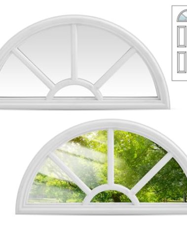 Pushglossy 1 Pcs 22" x 10" Entry Door Glass Insert Half Round Top White Exterior Door Window Inserts Replacement Kit with Low-e Clear Glass for Home Improvement (5 Grid)