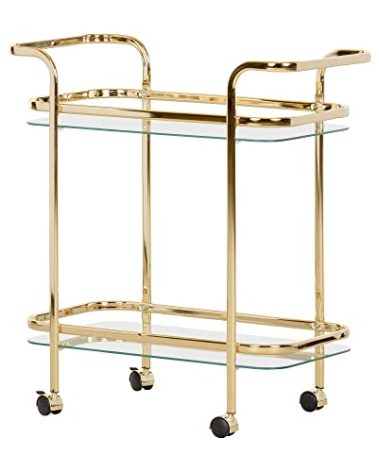 South Shore Maliza Bar Cart-Gold and Glass, 13.75"D x 27"W x 29"H
