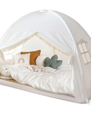 Razee Twin Bed Tent for Kids, Twin Size Bed Canopy Tent Indoor Dream Princess Tent Privacy Tent on Bed Sleep for Girls and Boys, Bohemian Tassel, White