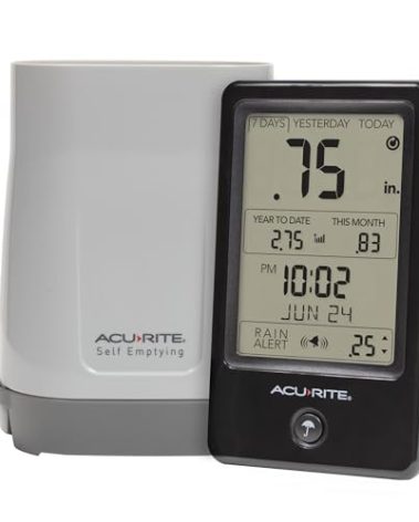 AcuRite Wireless Rain Gauge with Self-Emptying Rain Collector with Rainfall History, Alerts, and Current Date and Time (02446M)