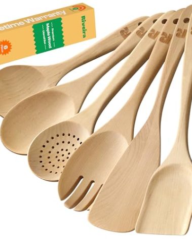 Riveira Maple Wooden Cooking Utensils Set of 6 Premium Quality Non-Toxic Wooden Spoons and Spatula for Cooking