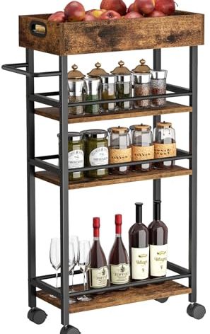 Asgolion Slim Storage Cart, 4 Tier Rolling Cart with Handle, Rolling Carts with Wheels, Metal Frame Narrow Cart for Small Spaces for Kitchen, Dining Room, Bathroom, Laundry Room, Office