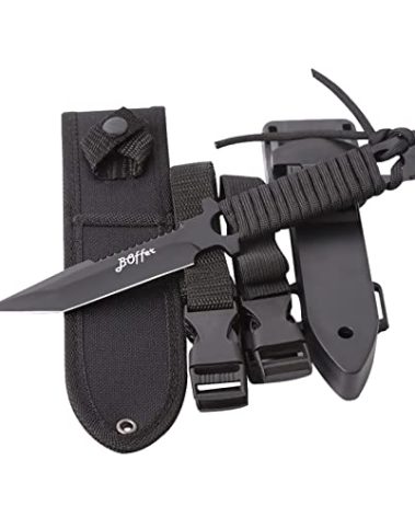 Dive Knife Scuba Diving Knife, Black Tactical Sharp Blade knives, Divers dive tool with 2 Types Sheaths,Sawing Edge and 2 Pairs Leg Straps for Snorkeling,Hunting,Camping
