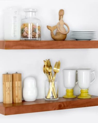 Homeforia 24inch Oak Floating Shelf for Wall, High End Solid Real Wood 24 inches Long Floating Shelves for Bathroom, Honey Oak Wooden Floating Shelves, Heavy Duty Bracket, 24 X 6.5 X 1.75 in, Set of 2