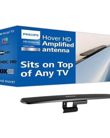 Philips Hover Amplified HD Digital TV Antenna, Long Range Smart TV Antenna, Easy Mount on Top of TV Design, Supports 4K 1080P HD VHF UHF, Signal Booster, Coax HDTV Cable/AC Adapter, SDV7219N/27