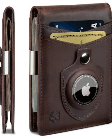 SERMAN BRANDS AirTag Wallet - RFID Blocking Mens Minimalist Money Clip Wallet for Airtag - Full Grain Leather - Slim Bifold. Front Pocket Apple Air tag Wallets for men. Gift (Texas Transformer Air)