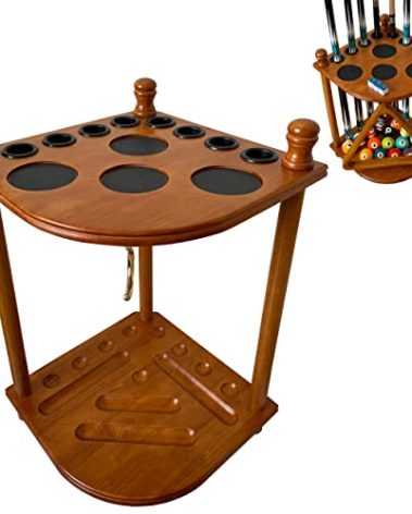 GACCO BILLIARDS Floor Pool Cue Rack Hold 8 Cue Sticks & Billiard Accessories. Corner Stand Pool Cue Holder Made of 100% Solid Hardwood. Provided Ball Rack Hook. CUE RACK ONLY (Classic Oak)