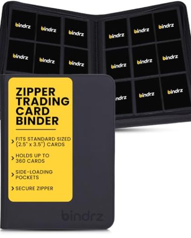 bindrz 9 Pocket Zipper Binder for 360 Sleeved Trading Cards - Side Loading Pockets Album - Archival Safe Material and Compatible with TCG MTG and Sports Collectibles (Black)