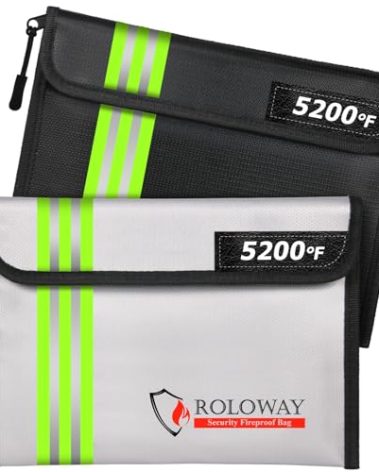 ROLOWAY Fireproof Bag (9.6 x 6.6 inches) 5200℉ Heat Insulated with Reflective Strip, Fireproof Money Bag with Zipper for Cash (2-Pack)