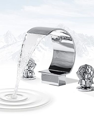 BANGPU Bathroom Sink Faucet 3 Hole Widespread Waterfall Bathroom Faucets with Crystals Handles Basin Mixer Tap 8-Inch High Arc Vanity Faucet with Supply Hose, Chrome