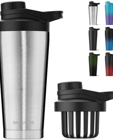 Greatyos Stainless Steel Shaker Bottle with Noise-Free Design - Patented 24 oz Insulated Metal Shakers Bottles Cup for Protein Mixes and Pre Workout 100% Leak Proof (Steel)