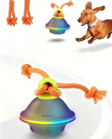 Xeuch Interactive Dog Toys, Automatic Moving and Rolling LED Light Up Dogs Ball with Rope, Motion-Activated Wicked Ball for Small Medium Pup, Stimulation Toy for Boredom Relief
