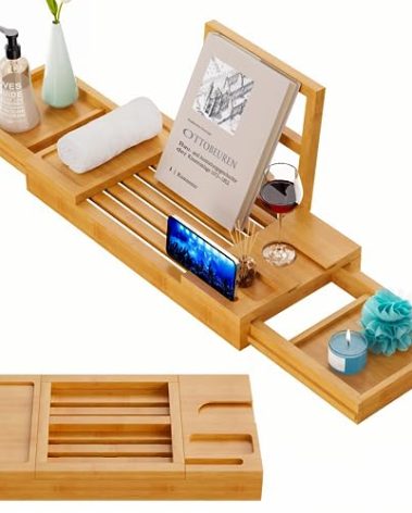 Yirilan Bamboo Bathtub Tray, Expandable Bathroom Tray, Waterproof Tray Caddy, Perfect Bath Caddy for Home Spa, Gift for Loved Ones, Bamboo