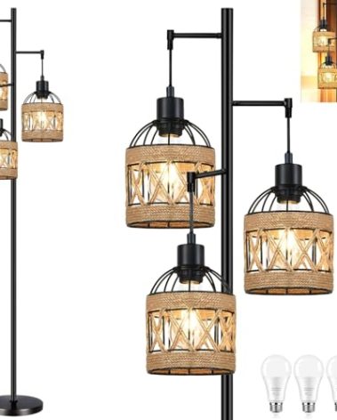 QIYIZM Floor Lamp for Living Room,Bedroom,3-Lights Boho Rattan Tree Floor Lights,Industrial Black Farmhouse Standing Lamp Wicker Rustic Tall Lamp,Woven Bamboo LampShade Floor Lamps Bohemian