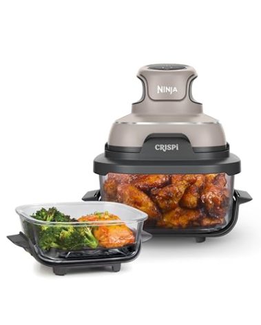 Ninja Crispi Air Fryer, Microwave, Freezer & Dishwasher Safe, Non Toxic Glass Portable Cooking System, 4 QT & 6 Cup Glass Containers with Storage Lids, Easy Meals, Air Fry, Bake, Stone, FN101ST
