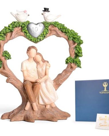 10 Year Tin for Couple - Wedding Anniversary Figurine Gifts for Wife Her Girlfriend, Couple on Heart-Shaped Tree with Dove Resin Statue Romantic Gift for Valentine's Day Anniversarys