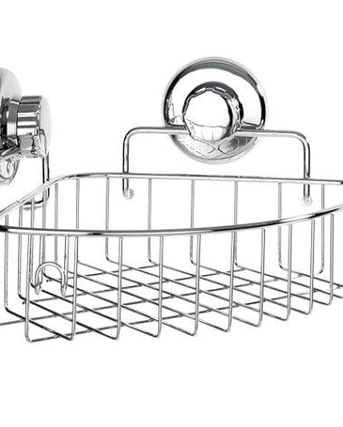 HASKO accessories Corner Shower Caddy with Suction Cups and 3M Adhesive Mounting Discs for Porous Surfaces - Stainless Steel Basket for Bathroom Storage (Chrome)