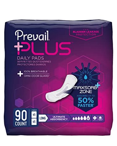 Prevail Plus | Long Length Incontinence Bladder Control Pads | Ultimate Absorbency | 90 Count (2 packs or 45)