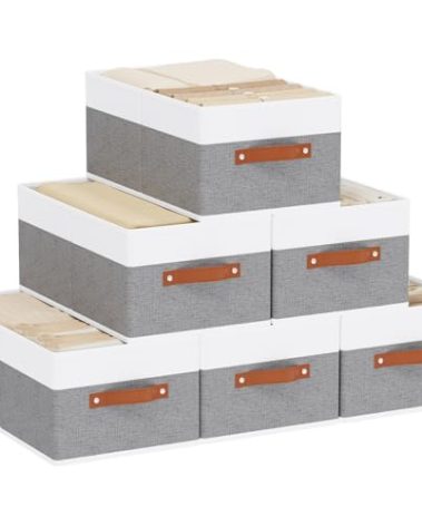 YheenLf Storage Basket for Shelves, Closet Bin with Handles, 18.5×11×7.9inch Open Foldable Baskets, Fabric Containers Clothes Boxes for Organizing, White and Grey, 6-Pack
