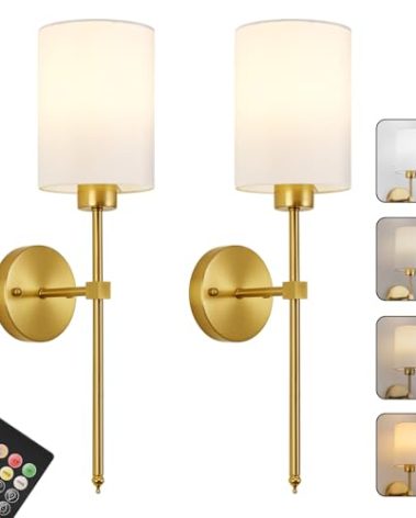 Battery Operated Wall Sconces Set of Two,Wireless Rechargeable Wall Light With Remote Control, Dimmable, Amber Light/Warm White/Natural White/Daylight/RGB, Timer,for Living Room,Bedroom,Entryway,Gold