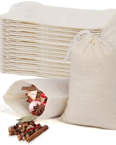 40 Pcs Empty Spice Bags for Cooking Soup, Reusable Tea Bags for Loose Tea, 4x6 In Natural Muslin Drawstring, Small Cheese Cloth Cotton for Straining, Unbleached Cheesecloth Herb Sachet