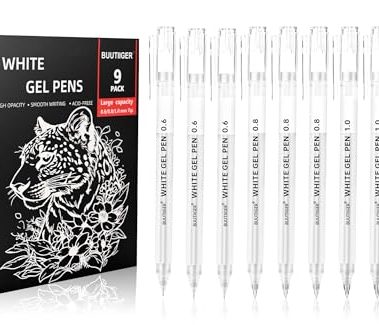BUUTIIGER White Gel Pens - 0.6/0.8/1.0mm Fine Point Opaque White Archival Ink Pen Set for Black Paper Art, Bullet Journaling & Holiday Gifts - 9 Pack Multi-Size Gel Pens for Artists, Beginners
