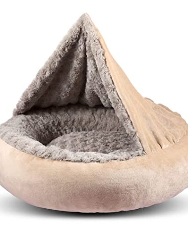 GASUR Small Dog & Cat Bed, 23'' Donut Pet Bed Mat with Hooded Blanket, Anti-Anxiety Burrow Cave Bed, Cozy Puppy Bed, Machine Washable, for Indoor Pets up to 20lbs