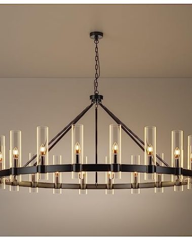 AEULYTIR 20-Lights Black Wagon Wheel Chandelier Modern Farmhouse with Glass Shade, 60 Inch Large Round Industrial High Ceilings Pendant Lighting Fixture for Dining Living Room, Kitchen Island, Foyer