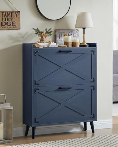 Barnyatoh Shoe Storage Cabinet,Farmhouse Shoe Organizer with 2 Flip Drawers & Barn Door Design,Freestanding Hidden Slim Narrow Shoe Rack Cabinet for Entryway,Foyer,Hallway,Navy Blue