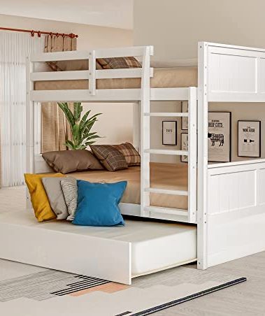 Merax Full Over Full Bunk Bed with Trundle, Wooden Trundle Bed Frame with Ladder Safety Guardrail, Convertible to 2 Platform Beds for Kids Teens, White