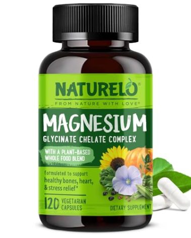 NATURELO Magnesium Glycinate Chelate Complex - 200 mg Magnesium with Organic Vegetables to Support Sleep, Calm, Muscle Cramp & Stress Relief - Gluten Free, Non GMO - 120 Capsules
