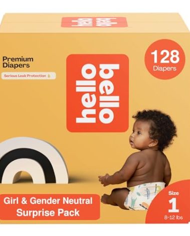 Hello Bello Premium Diapers, Size 1 (8-12 lbs) Surprise Pack for Girls - 128 Count, Hypoallergenic with Soft, Cloth-Like Feel - Assorted Girl & Gender Neutral Patterns