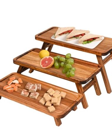GEHE 3 Tier Serving Tray Acacia Wooden Tiered Tray Stand Foldable Dessert Table Display Set Decor Charcuterie Boards for Party, Birthday, Wedding, Christmas