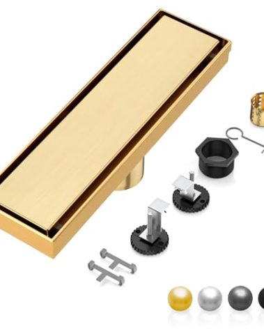 DLONE Linear Shower Drain | 12" AISI 304 Stainless Steel Shower Drain | Linear Drain with 2-in-1 Tile Insert Panel & Adjustable Feet | Floor Drain in Kitchen, Bathroom, Balcony (Brushed Gold)